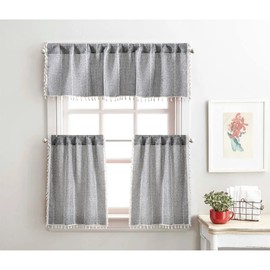 RoomTalks Dark Gray Boho Farmhouse Kitchen Curtains 36 Inch Length French Striped Modern Vintage Chic Textured Tassel Charcoal Short Cafe Curtains for Small Window Kitchen Bathroom Decor