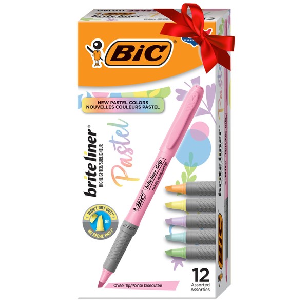 BIC Brite Liner Grip Pastel Highlighter Set, Chisel Tip, 12-Count Pack of Pastel Highlighters in Assorted Colors (colors may vary), Cute Highlighters for Bullet Journaling, Note Taking and More