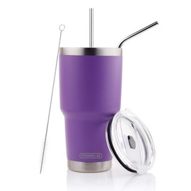 DYNAMIC SE 30oz Purple Tumbler Double Wall Stainless Steel Vacuum Insulated Travel Mug with Splash-Proof Lid Metal Straw and Brush
