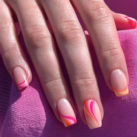 24Pcs Pink Press on Nails Short Square French Fake Nails Nude Nails with Pink Line Design Colourful Wavy Glue on Nails Full Cover False Nails for Women