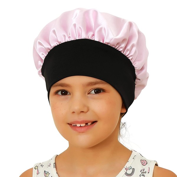 Sent Hair Kids Satin Bonnet Sleep Cap for Natural Hair Double Layers Hair Bonnet Wide Elastic Band Night Sleep Hat for Baby Toddler Child Teens (Light Pink)