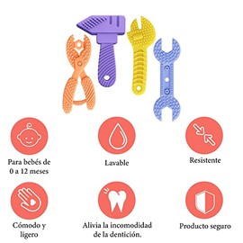 4 Pack Juguetes de Dentición para aliviar el Dolor de las Encías para Bebés de 0 a 12 Meses, Mordederas de Silicona para Bebés. Libre de BPA. Juguetes para primeras Etapas de Bebé. Diseño de Herramientas.