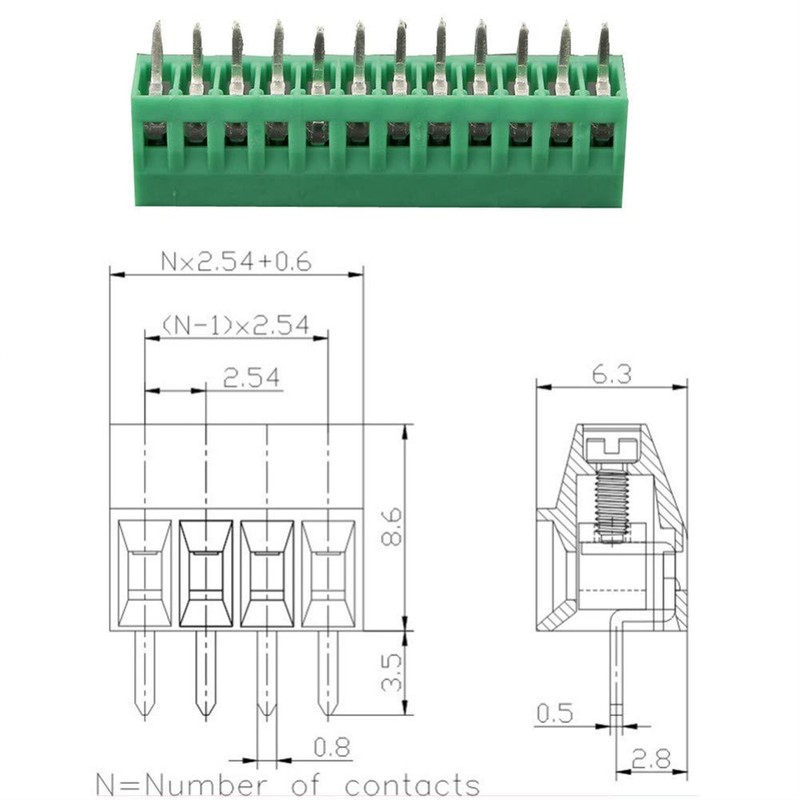 PCB Screw Terminal Connector, 12 Pin 2.54 mm Pitch Screw