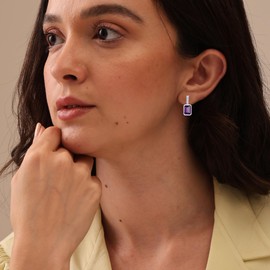 LeCalla 925 Sterling Silver Rhodium Plated Birthstone Drop Earrings 0.04 Carat Lab Grown Diamond and Amethyst Gemstone Small Drop Stud Earrings for Women Teen 17 MM