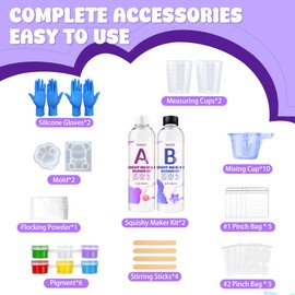 Liquid Silicone for Squishy Maker, 18oz Silicone Rubber for Taba Squishy, Bubble Free & Faster Fully Cures, Stress Relief FuFu Squishy Kit with 2 Molds and Flocking Powder, DIY Gift for Occasions