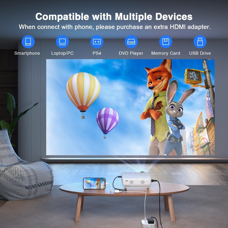AuKing Projector, 2024 Upgraded Mini Projector, Full HD 1080P Home