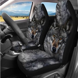 DBBXHZJY 14 Pcs Gray Wolf Car Seat Covers with Steering Wheel Cover,Armrest Cushion,Seat Belt Covers Cup Holder with Keychain,Grey Animal Print Automotive Protector Set Unverisal Fit Cars SUV Turcks