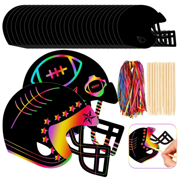 Syhood 64 Pcs Football Scratch Paper Crafts Kit Football Helmet Scratch Cards Ornaments with Wooden Stylus and Ribbons for Kids Audlts Crafts Painting Classroom Party Supplies