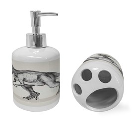 Lunarable Modern Soap Dispenser and Toothbrush Holder Set, Dinosaur Sketch Fossil Animal Prehistoric Giant Creature Jurassic Wild Illustration, Ceramic Bathroom Accessories, 4.5" X 2.7", Cream Grey