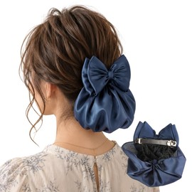 Chignon Net, Bun Net, Barrette with Net, Satin Ribbon, Hair Accessory, For Formal Occasions, Office, Job Hunting, Ceremonies, Women's, Navy