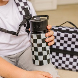 Wildkin Kids 14oz Stainless Steel Water Bottle – BPA-Free, Leakproof, Insulated, Easy-Clean - Black and White Checkered