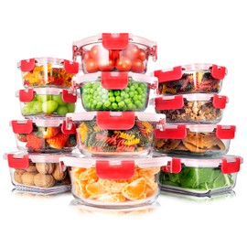 SereneLife 12-Piece Glass Food Storage Containers with Improved Locking Lids - Airtight Glass Meal Prep Set with 12 Containers & 12 Lids - Airtight Bento Boxes, BPA-Free - 11 To 35 Oz. Capacity, Red
