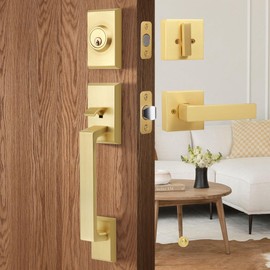 LOQRON Brushed Gold Front Door Handleset Heavy Duty Gold Door Handle and Deadbolt Lock Set, Square Entry Handle Set with Single Cylinder Deadbolt for Right & Left Handed Doors, Satin Brass