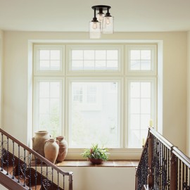 GLOBE Electric 65904 3-Light Bronze Semi-Flush Mount Ceiling Light Fixture with Seeded Glass Shades, Ideal for Kitchen, Bathroom, Bedroom, Closet Light, Home Essentials, LED Bulbs Compatible