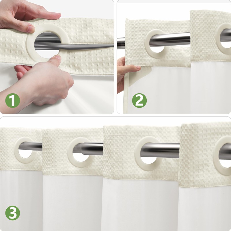 PILOTSHARK No Hook Waffle Weave Shower Curtain Set with Snap-in