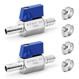 Josaton 3/8” Hose ID Barb Ball Valve 304 Stainless Steel Mini Shut Off Valve for Water Gas Fuel Drip Irrigation and Aquariums, 2PCS with Clamps Kit