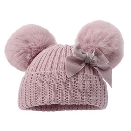 Mini Mart Online Limited Deluxe Ribbed Design Hat with Pom Poms & Bow - Dark Pink/NB - 12 Months