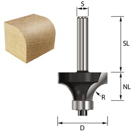 ENT Rounding Over Cutter TC Shank (C) 6 mm, Diameter (A) 24,7 mm, B 12,7 mm, R 6 mm, D 32 mm, with Ball Bearing