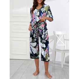 Famulily Women Capri Pajamas Set Contrast Trim V Neck Comfy Half Sleeve Sleepwear 2 Piece Banana Leaf L