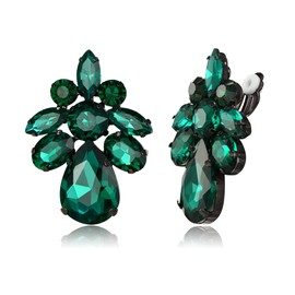 Clearine Clip On Wedding Brial Bridesmaid Stunning Teardrop Marquise Cut Rhinestone Statement Earrings for Women Prom Party Jewellery Emerald Colour Black-Tone