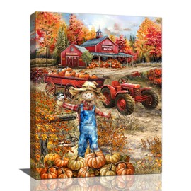 Tijuboni Farmhouse Fall Wall Art Pumpkin Patch Scarecrow Harvest Pictures Decor Autumn Barn Truck Canvas Prints Painting Artwork Home Thanksgiving Gift for Kitchen Bathroom Living Room 12"x16"
