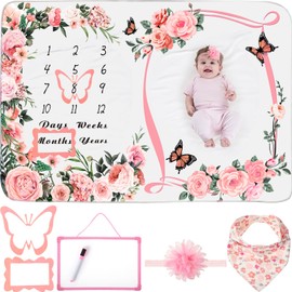 Chumia 6 Pcs Monthly Baby Milestone Blanket for Baby Girl Boy Set Baby Age Blanket Baby Month Blanket Newborn Growth Chart Blanket with Bandana Frame Headband(Pink, Cute Pattern)