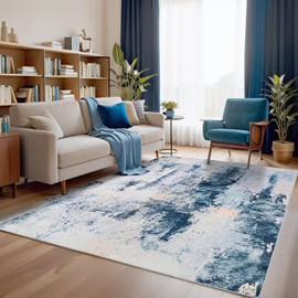 Macgace Modern Abstract Rugs for Living Room, 4'x6' Machine Washable Area Rug with Non Slip Backing for Bedroom, Soft Floor Covering Contemporary Carpet for Dining Room Kitchen Home Office, Blue