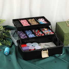 IGNPION 3 Layer Craft Stackable Storage Box 7-compartment Mulit Purpose Dividers Storage Container for Storing&Organising Toys, Arts Crafts, Stationery, Sewing, Fishing Tackle, Black+Beige