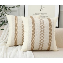 LIGICKY Set of 2 Boho Cushion Covers 18 x 18 Inch Decorative Burlap Textured Striped Woven Throw Pillow Covers Neutral Pillowcases for Farmhouse Home Room Couch Decor (Natural Beige& Brown)