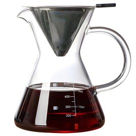 COFISUKI Pour Over Coffee Maker with Reusable Stainless Steel Drip Filter, Glass Drip Coffee Maker Set, Lead-Free Borosilicate Glass Coffee Carafe for 1-4Cup, Clear (500ml/17oz)