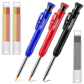 3 Pack Solid Carpenter Pencil with 21 Refill, Long Nosed Deep Hole Mechanical Pencil Marker with Built in Sharpener for Carpenter Father's Day Gift (Blue, Red, Black Cover)