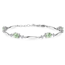 Gem Stone King 925 Sterling Silver Green Prasiolite and White Created Sapphire Tennis Bracelet For Women | 3.32 Cttw | Gemstone | Oval 7X5MM | 6 Inch + 1 Inch Extender