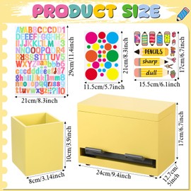 Mifoci 8 Pcs Wooden Pencil Dispenser Kit for Classroom Wooden Pen Holder Straw Dispenser Sharp and Dull Letter Stickers for Teachers Classroom Supplies Storage (Yellow)