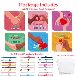 FLYAB 24 Pack Valentines Bracelets with Cards Valentines Day Gifts Cards for Kids with Color Friendship Bracelets Valentine Classroom Exchange Gifts Cards for Valentine's Day Party Favor Supplies