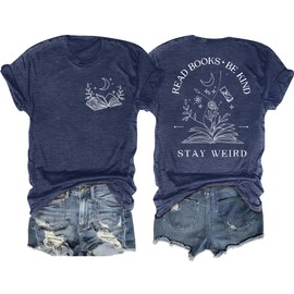 Ithalt Book Shirts for Women Read Books Be Kind Stay Weird Print Tshirt Book Lover Short Sleeve Tees Reader Gift Tops(Blue, Medium)