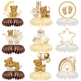 Brown Baby Shower Decorations Bear for Boys Girls 9 Pcs Bear Baby Shower Honeycomb Centrepieces Birthday Honeycomb Table Decorations for Kids Gender Reveal 3D Birthday Table Toppers Party Suppy