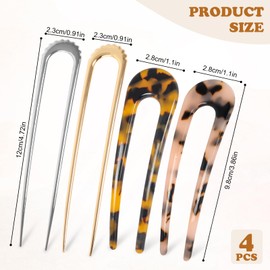 4 PCS French Hair Pins for Women, U-Shaped Hair Pins, French Twist HairPins, Tortoiseshell Hair Clips, Gold and Silver Hair Clips for All Hairstyle Decorative Accessories (Metal and Acetate)