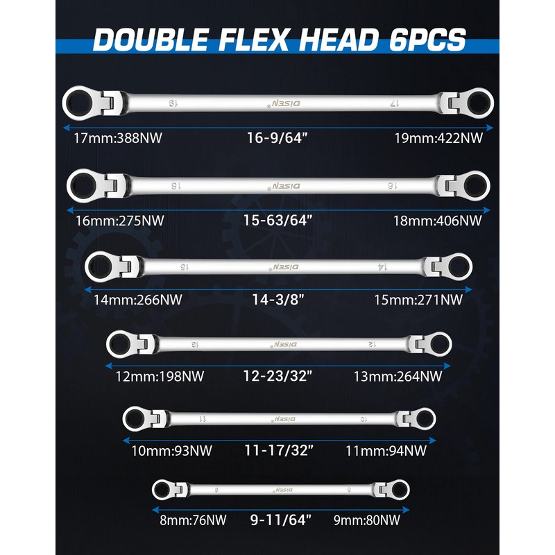 DISEN Extra Long Flex Head Ratcheting Wrench set, 6Pcs Double