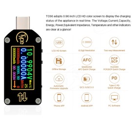 Type-C USB Tester Meter Voltmeter USB Multimeter Voltage Current USB Voltage Tester Bluetooth PD Ammeter Meter 2-Way 0.96 Inch IPS Colour LCD Display TC66C
