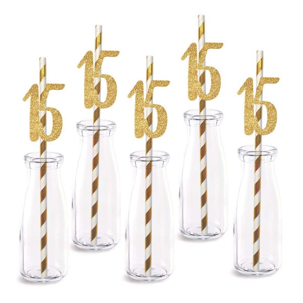 15th Birthday Paper Straw Decor, 24-Pack Real Gold Glitter Cut-Out Numbers Happy 15 Years Party Decorative Straws