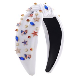 Fourth of July Headband for Women Girls Red White and Blue American Flag USA Hairband Patriotic Hair Accessories Knotted Crystal Rhinestone Jeweled