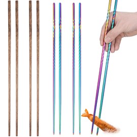 4 Pairs Long Cooking Chopsticks 15.3 Inch Extra Long Stainless Steel Chopsticks with Non Slip Threaded, 16.5 Inch Wooden Noodles Kitchen Cooking Frying Hot Pot Chopsticks (Mixed Color, Wood Color)
