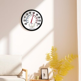 Circrane 13.25 Inch Round Thermometer with Hygrometer, Large Indoor Wall Patio Bimetal Weather Thermometer, No Battery Required, Black