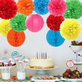 Rainbow Colourful Paper Flowers Tissue Pom Poms Honeycomb Balls Lanterns 15pcs Party Decorations for Mexican Fiesta Cinco De Mayo Taco Carnival Birthday Wedding Baby Shower Hanging Decor Mprocherify