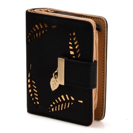 Mujer Cartera de PU Cuero, Cartera Para Mujer de Piel, Pequeña Cartera Corta Plegable, Billetera Gran Capacidad Con Cremallera, Minimalista con Hoja Adorno, Regalo Para Chicas y Mujeres, Negro