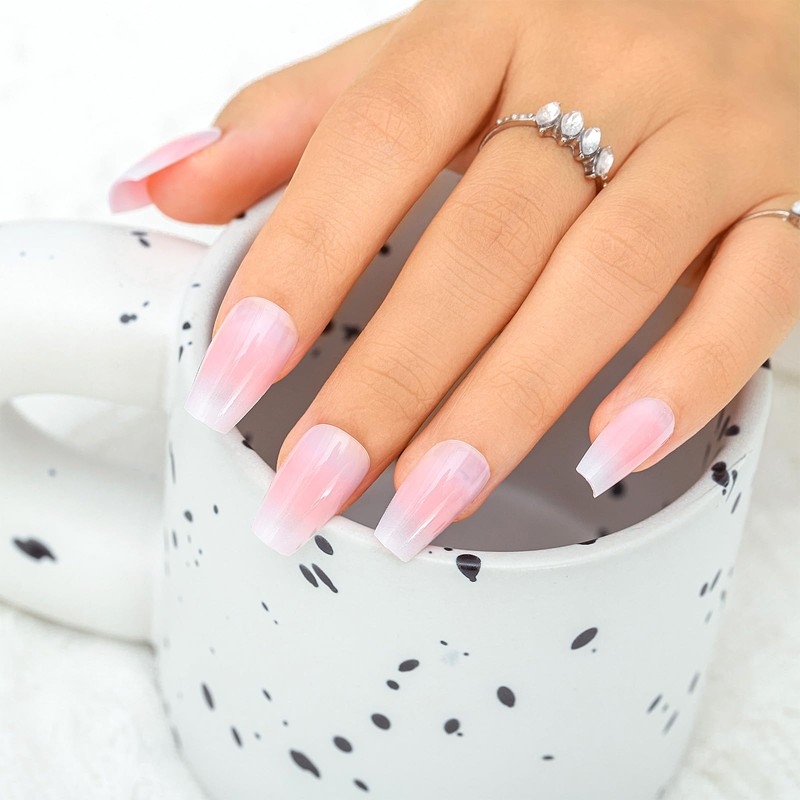 Sethexy Nude Pink Colour Gradient False Nails Medium Ballerina Pressed