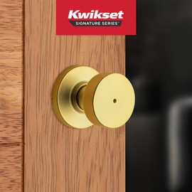 Kwikset Pismo Interior Privacy Door Knob with Lock, Door Handle for Bathroom and Bedroom, Satin Brass, Round, Keyless Turn Lock Doorknob, Microban Protection