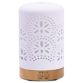Difusor de aceites esenciales, aromaterapia de cerámica para decoración del hogar, difusor de aroma con 4 modos de temporizador y 7 luces LED que cambian de color, Blanco, Flower pattern 2