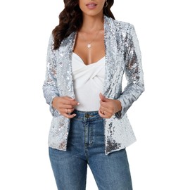 IWFEV Women's Sequins Blazer Long Sleeve Sparkle Open Front Jacket Shawl Collar Cardigan L Silver