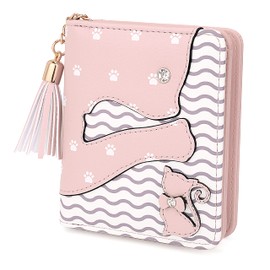 UTO Small Wallet for Girls Cute Cat Tassel Vegan Leather Women Card Holder Kawaii Coin Purse Light Pink